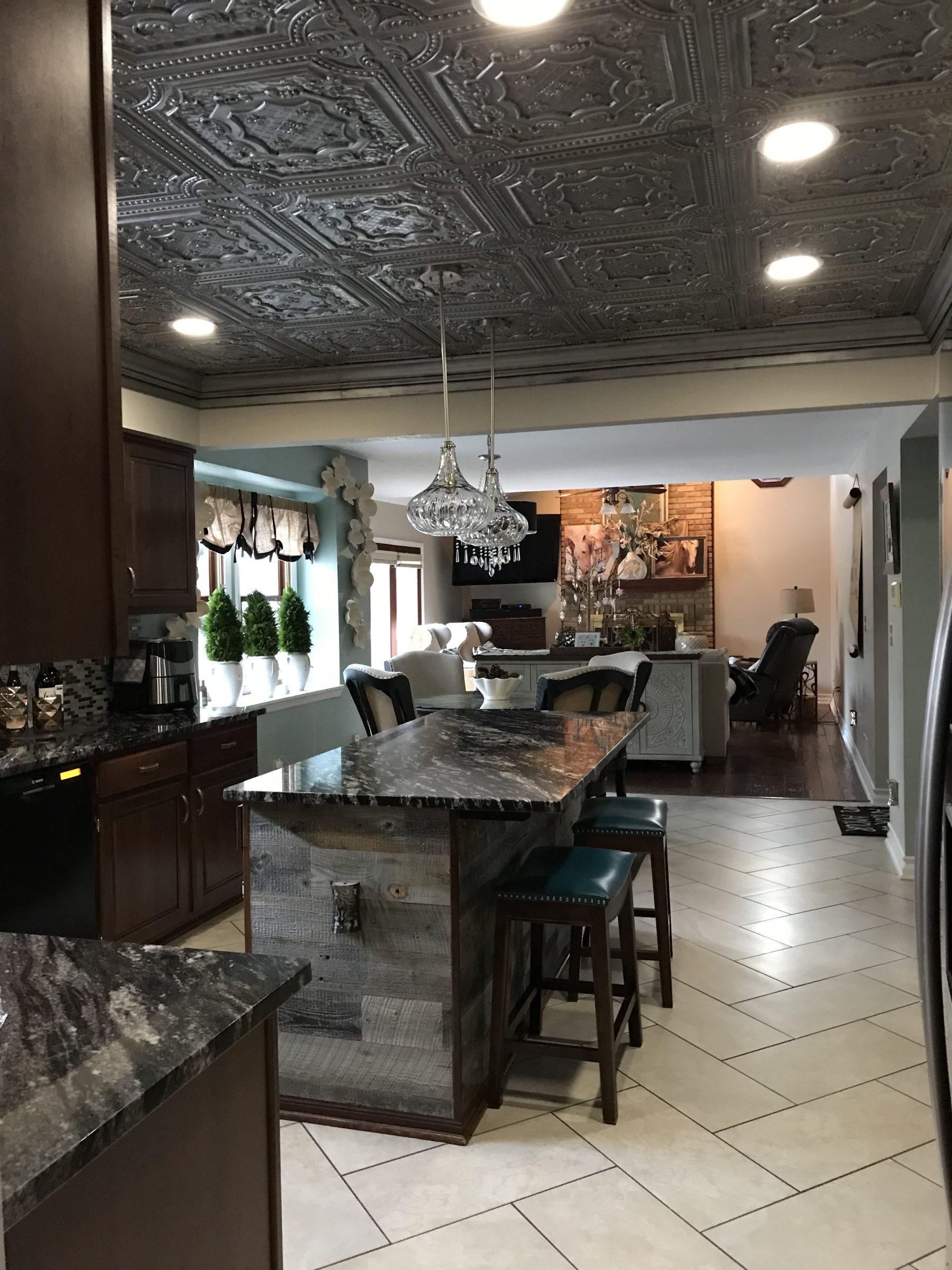 dynamic kitchen reno with accent ceiling