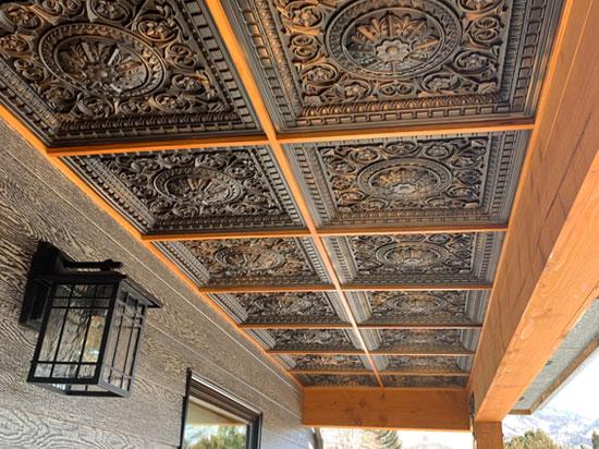 Da Vinci Faux Tin Coffered Ceiling, Polished Travertine Tile 24×24